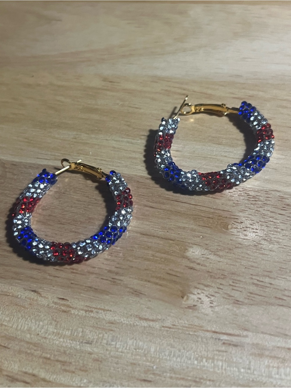 Gold Hoop Earrings with Red, White & Blue Crystals E64